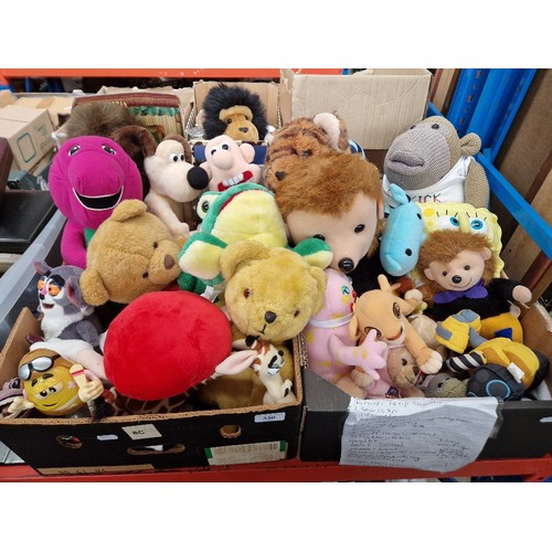 330 - Two boxes of assorted soft toys.