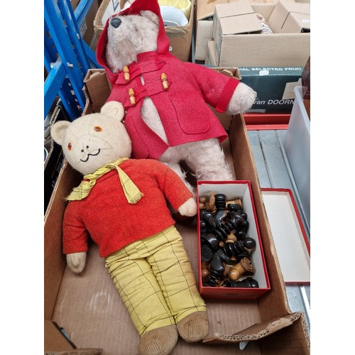 328 - A box containing a large Rupert Bear by Rosie B, A Paddington teddy bear by Gabrielle designs, Reg. ... 