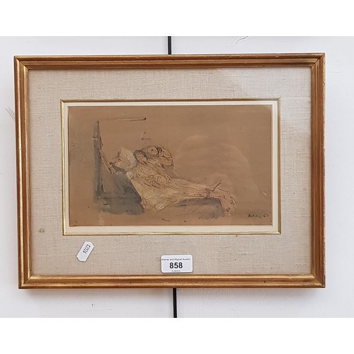 858 - Harold Riley (British, 1934-2023), watercolour, man in hospital bed with another by his side, 24.5cm... 