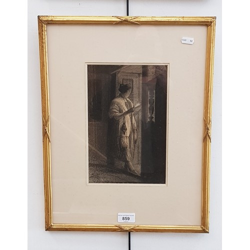 859 - 20th century school, charcoal study of a woman, 17cm x 25.5cm, framed and glazed, 36cm x 46.5cm.