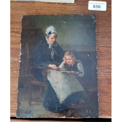 856 - 19th century school, oil on board, woman and child, 15cm x 20.5cm, signed 'L F' to lower left, label... 