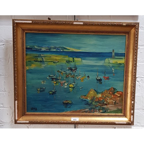 869 - James Lawrence Isherwood (1917-1989), oil on board, harbour scene with boats, 49cm x 39cm, signed to... 