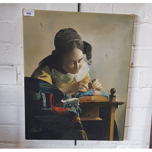 866 - 20th century school, oil on canvas, woman doing needlework, 41cm x 51cm, signed 'Daniels' to lower l... 