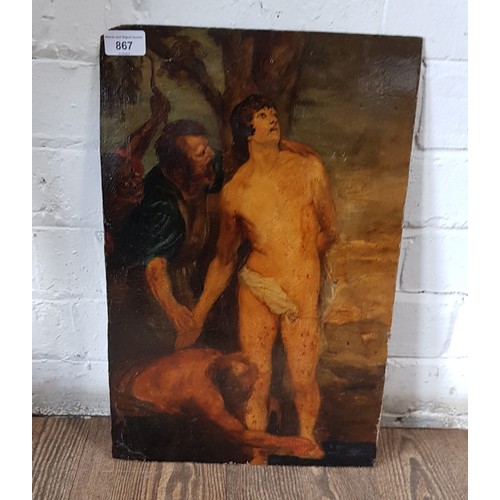 867 - 19th century school, oil on board, classical scene with semi nude male, 30.5cm x 45.5cm, unsigned.