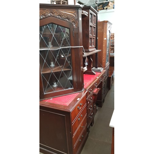 937 - Various items of furniture including mahogany desk with matching filing drawers, two oak cabinets, o... 