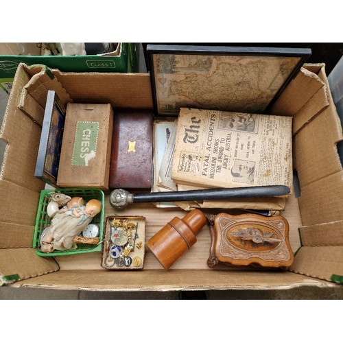 A box of assorted collectables including a treen bottle holder, a ...