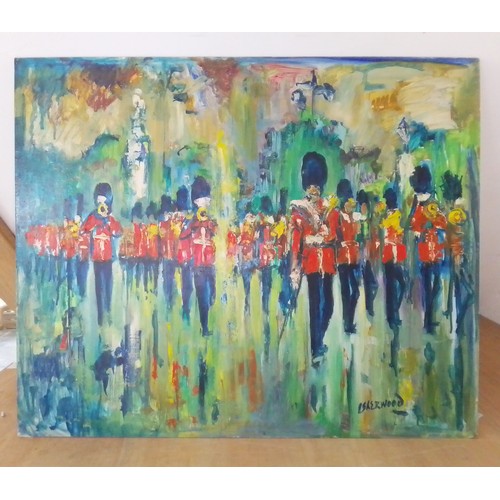 832 - James Lawrence Isherwood (1917-1989), 'Queen's Guards', oil on board, 68cm x 55.5cm, signed to lower... 