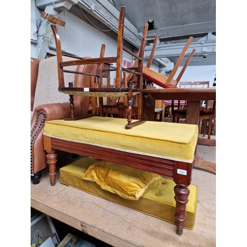 1032 - An Edwardian duet piano stool/window seat together with an inlaid chair of a similar age.