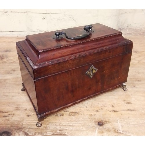 100 - A George II mahogany tea caddy with herringbone cock beading, brass handle and feet.