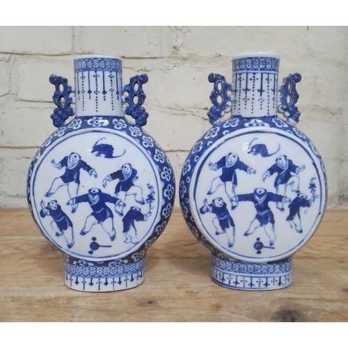 124 - A pair of Chinese late 19th century blue and white porcelain moonflasks decorated with figures, unma... 