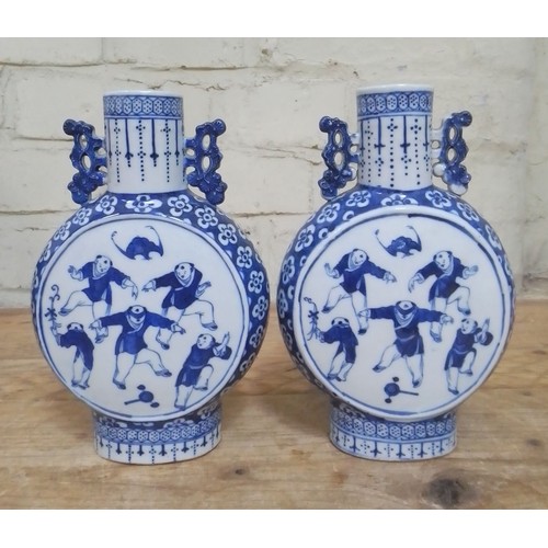 124 - A pair of Chinese late 19th century blue and white porcelain moonflasks decorated with figures, unma... 