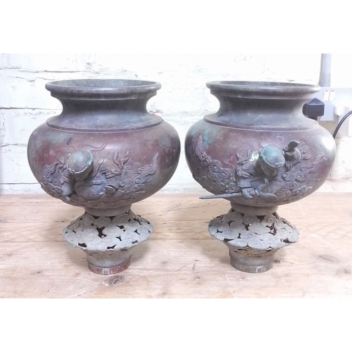 128 - A pair of Chinese bronze vases or incense burners, bayonet fittings, possibly off a chariot or build... 