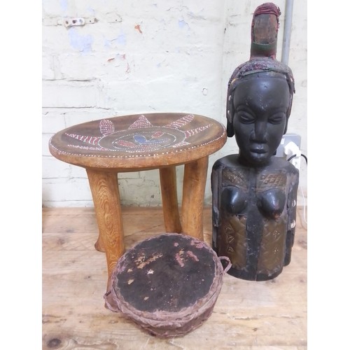 146 - Three African items comprising a large figure H:60cm, a stool H:38cm and a drum.