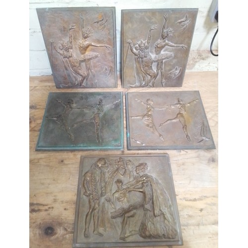 133 - A group of five bronze plaques depicting dancers, approximately 27cm x 22cm each.