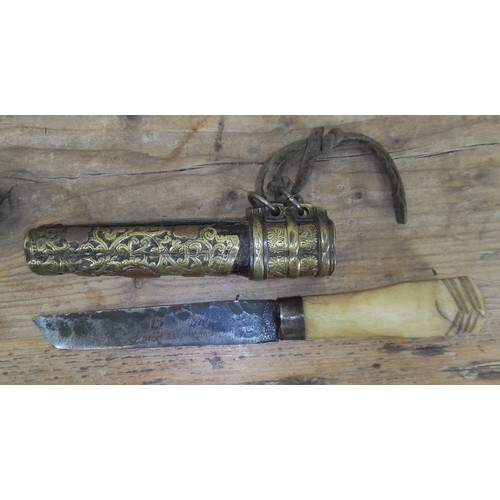 162 - A Chinese horn handled knife with brass mounted wooden sheath and chopstick holder, length 23cm.