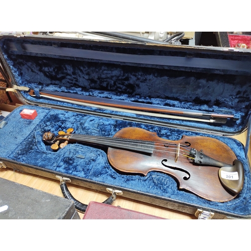 201 - A German 19th century violin, one piece back, length 355mm, with bow stamped Homa, in hard case.