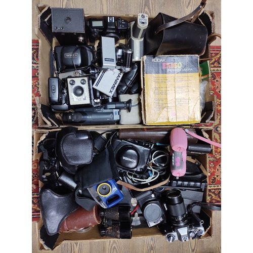 221 - Two boxes of cameras, binoculars and accessories including Canon, Yashica, Olympus & Minolta 35mm ca... 