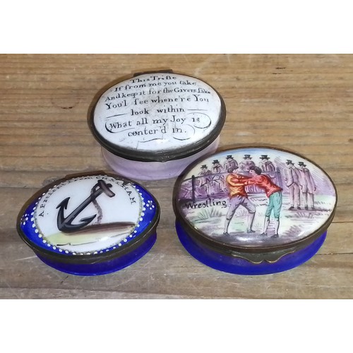 292 - A group of three early 19th century Bilston type enamel patch boxes including one with scene Wrestli... 