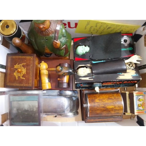 418 - A box of assorted toys and collectables including two Hong Kong coffin money banks, carved wood, cig... 