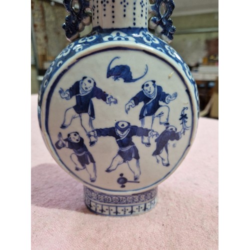 124 - A pair of Chinese late 19th century blue and white porcelain moonflasks decorated with figures, unma... 