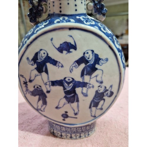 124 - A pair of Chinese late 19th century blue and white porcelain moonflasks decorated with figures, unma... 