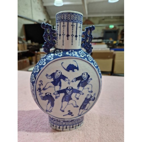 124 - A pair of Chinese late 19th century blue and white porcelain moonflasks decorated with figures, unma... 