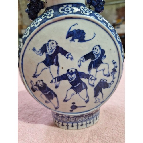 124 - A pair of Chinese late 19th century blue and white porcelain moonflasks decorated with figures, unma... 