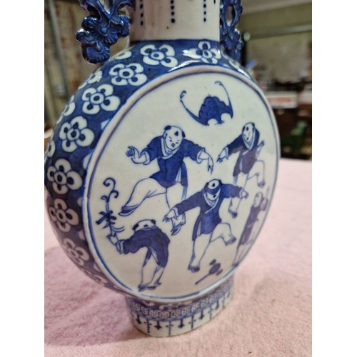 124 - A pair of Chinese late 19th century blue and white porcelain moonflasks decorated with figures, unma... 