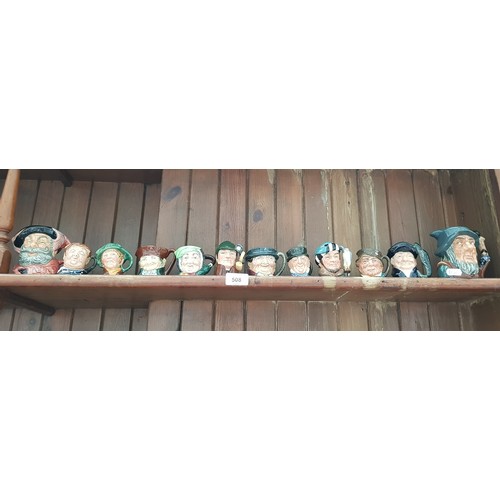 508 - 10 Royal Doulton miniature character jugs including The Sleuth D6639, Fat Boy D6139 etc. with 2 liqu... 