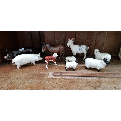 513 - Nine Beswick pigs, sheep. goat and pony