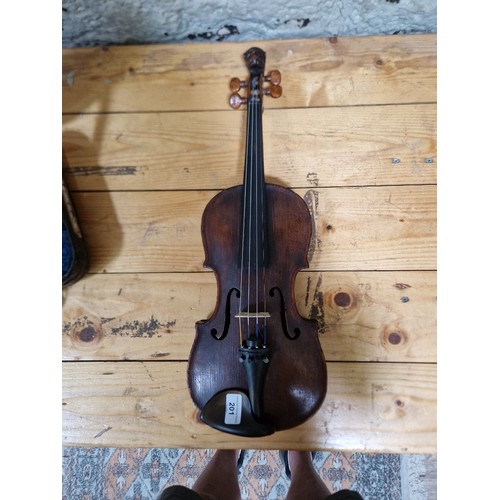 201 - A German 19th century violin, one piece back, length 355mm, with bow stamped Homa, in hard case.