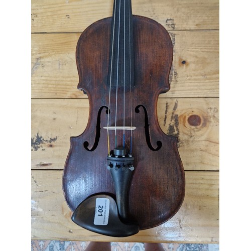 201 - A German 19th century violin, one piece back, length 355mm, with bow stamped Homa, in hard case.