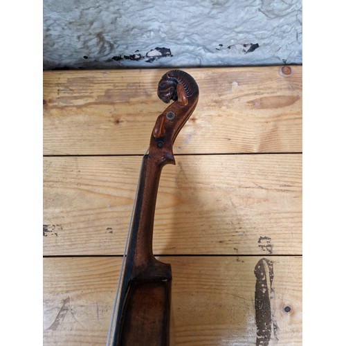 201 - A German 19th century violin, one piece back, length 355mm, with bow stamped Homa, in hard case.