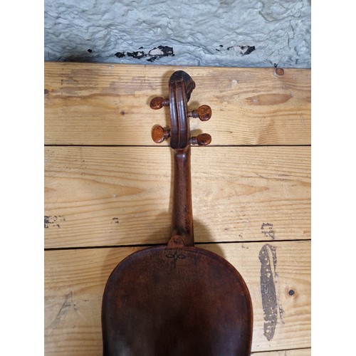 201 - A German 19th century violin, one piece back, length 355mm, with bow stamped Homa, in hard case.