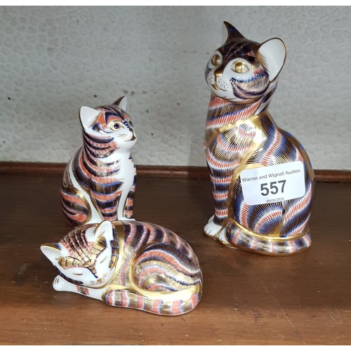 557 - Three Royal Crown Derby cats - silver stoppers