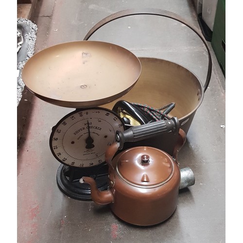 93 - A brass jam pan, a copper kettle and a set of scales etc.