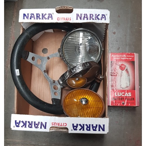 91 - Classic car parts comprising a pair of Lucas Ranger lamps, a Miller foglamp, an Astrali 13