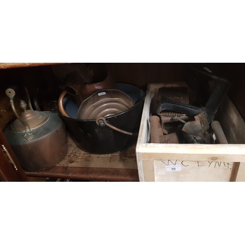 98 - Assorted metal including flat irons, copper kettle, last, jam pan, bed warming pan etc.