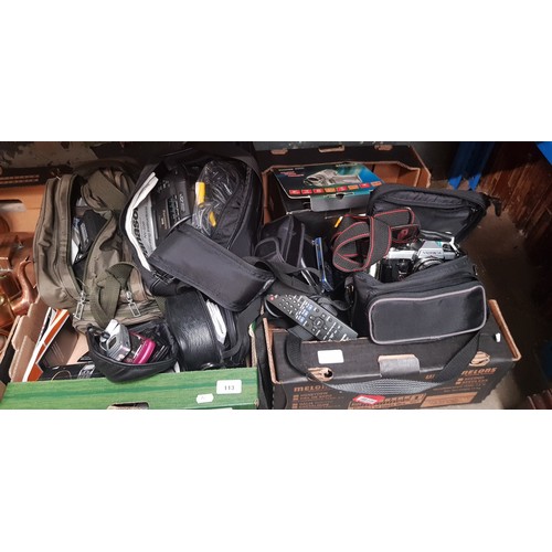 113 - Two boxes including cameras, mobile phones, binoculars and other electronics.