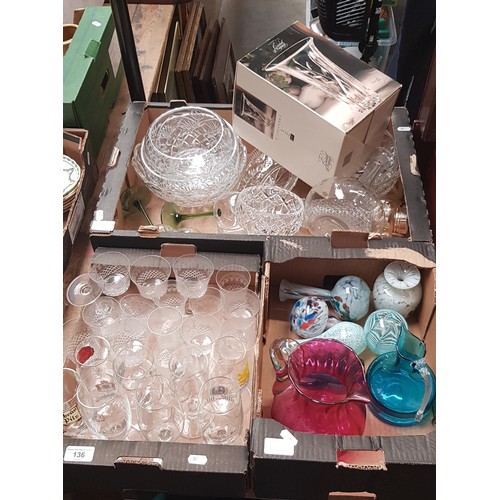 136 - Three boxes of assorted glassware including art glass, drinking glasses and cut glass etc.