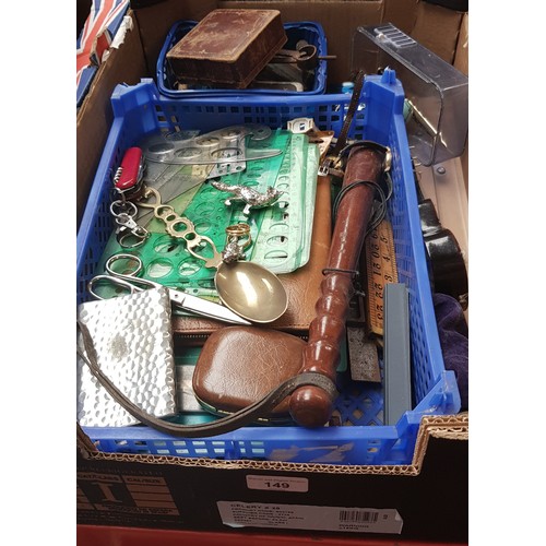 149 - A box of assorted collectables including a truncheon, drawing instruments, etc.