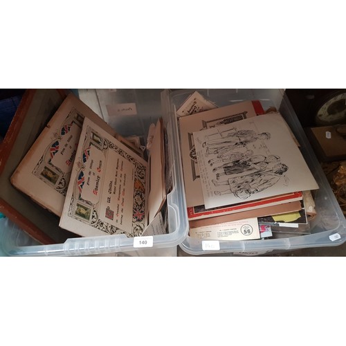 140 - Two boxes of assorted ephemera including an original pen and ink cartoon by Ronald F. Say, postcards... 