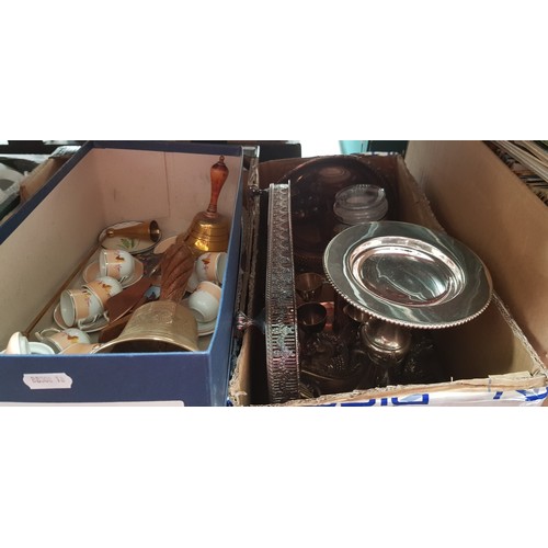 145 - Two boxes of metalware and collectables including silver plated centrepiece, brassware, jar of butto... 