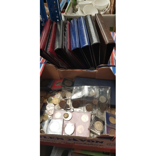 148 - 2 boxes of assorted GB & world coins, banknotes & empty coin albums to include commemorative & sets ... 