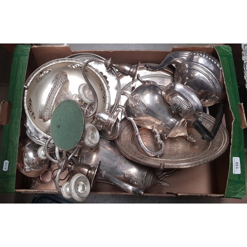 132 - A box of assorted silver plated ware.