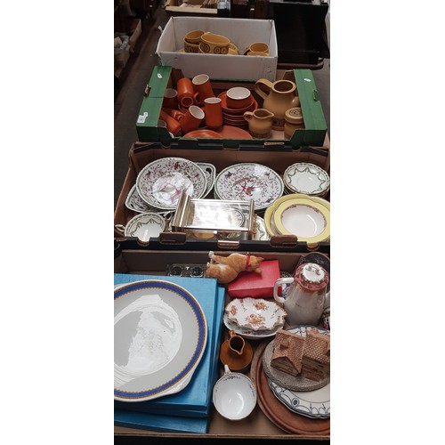 135 - Four boxes of assorted pottery and ornaments including mid 20th century dinner ware, Coalport plates... 