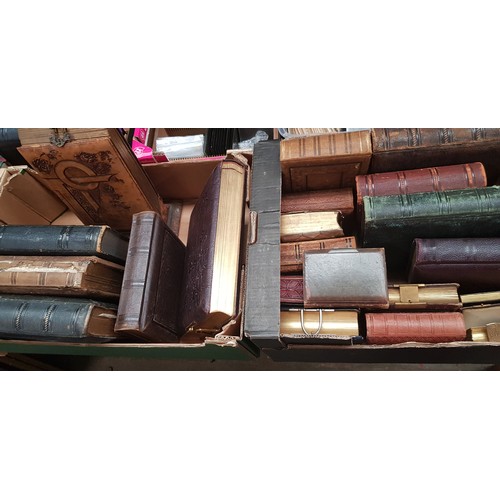 124 - Two boxes of empty Victorian/Edwardian photograph albums including one musical, strap hinges etc.