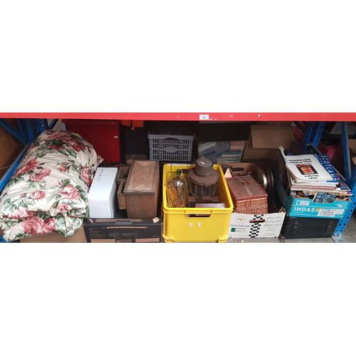 181 - A mixed lot of assorted items including a pair of curtains, a portable gramophone player (AF), coppe... 