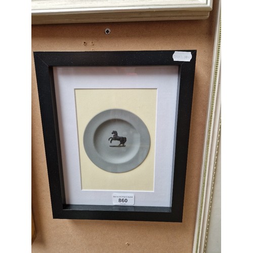 860 - A framed grey Wedgwood Lloyd's Horse pin dish, 23xm x 28cm (overall).