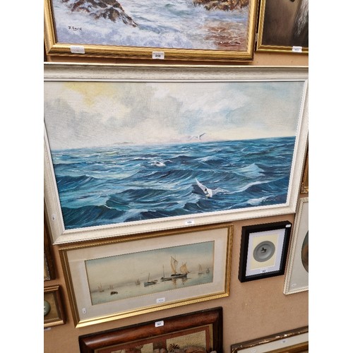 859 - 20th century school, oil on canvas, seascape with gulls, 90cm x 49.5cm, signed 'B J WRIGHT, 76' to l... 